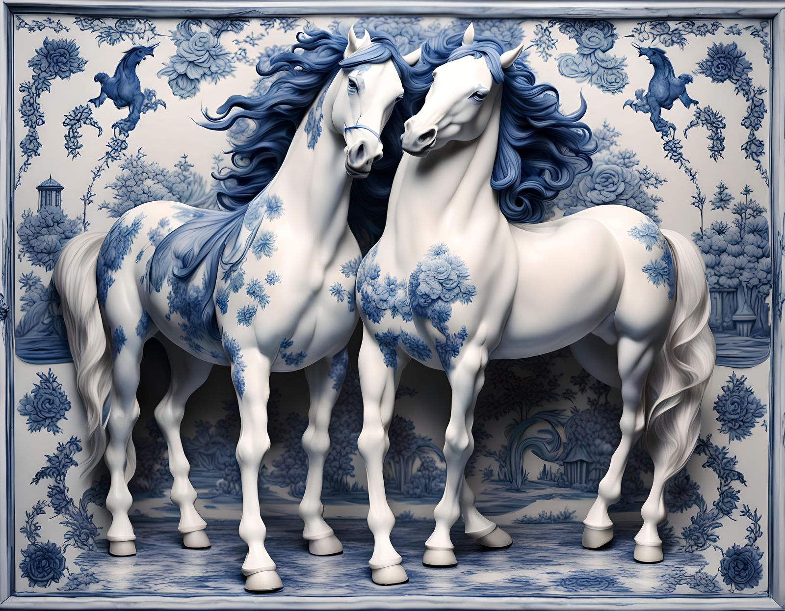 Porcelain Horses in Motion with Delft Blue Tattoos