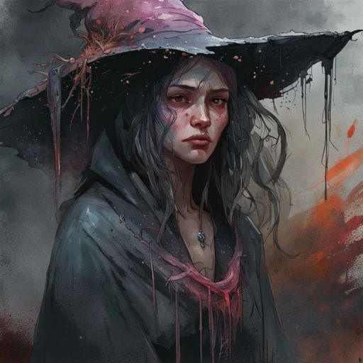 Sad Witch in Watercolor Fantasy Style