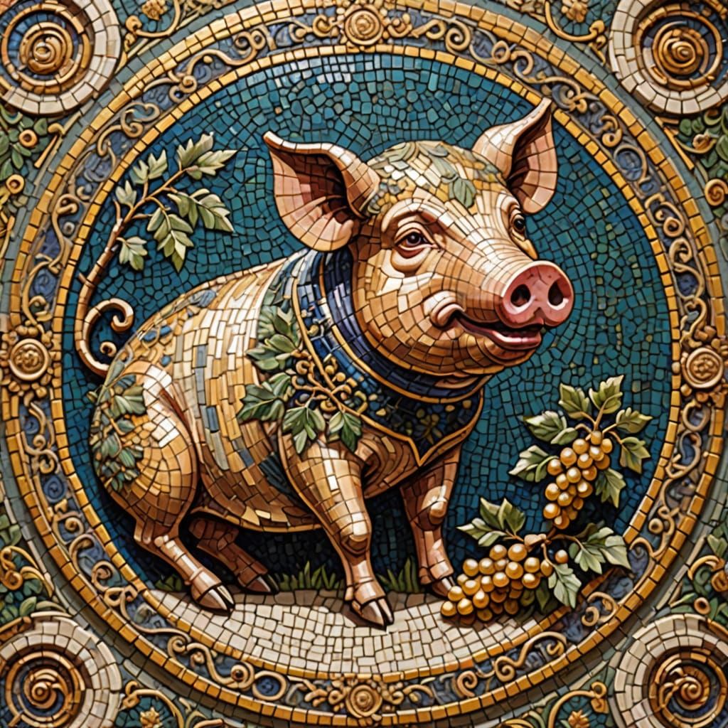 Pig Eating Grapes in Byzantine Mosaic Style