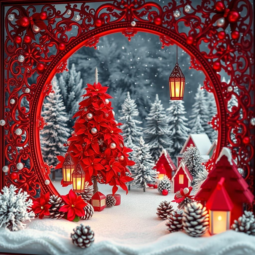 Magical Christmas Lace Frame with Berries and Pine Cones