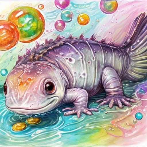 Rainbow Axolotl Eats Snack: Hyperdetailed Oil Painting