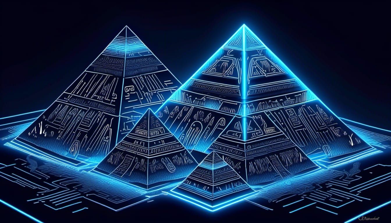 Futuristic Pyramids with Circuit Board Design in Neon Blue