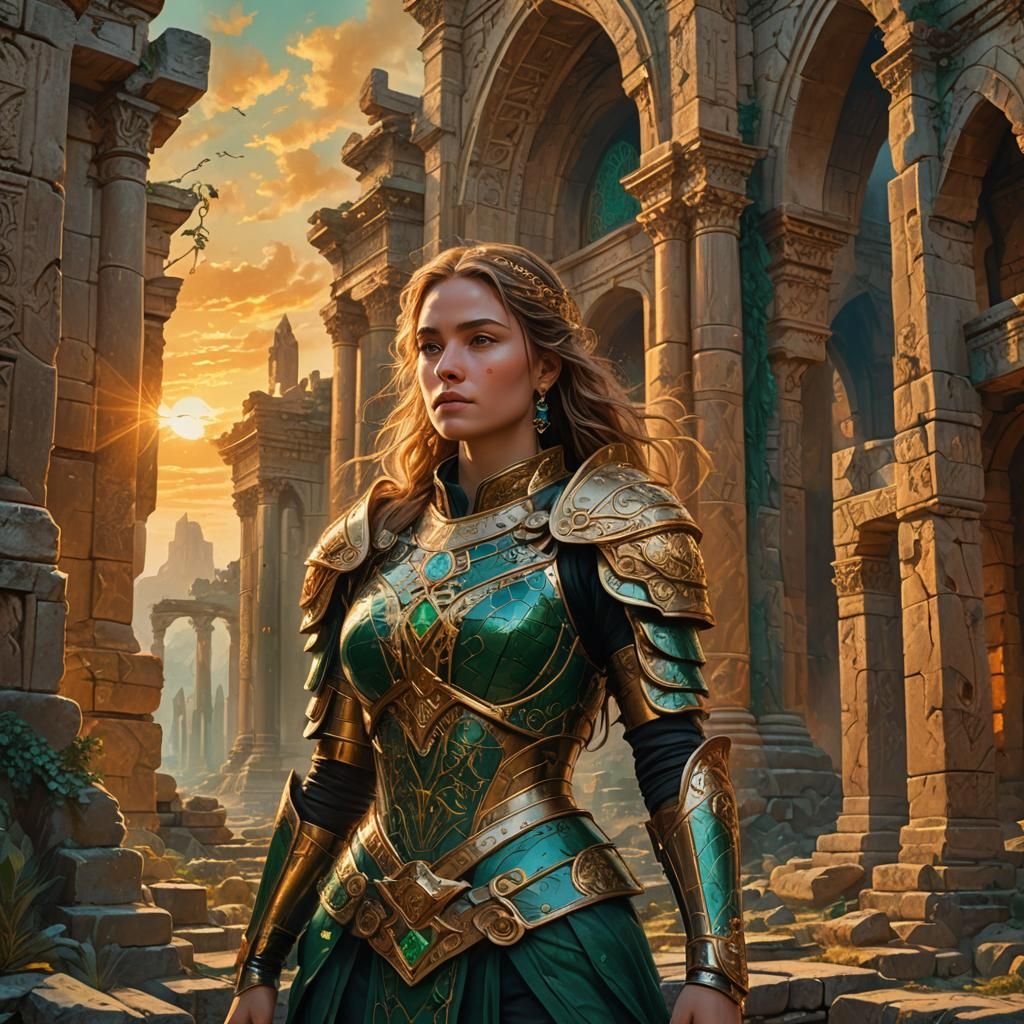 Regal Woman in Ancient Ruins: Vibrant Oil Painting