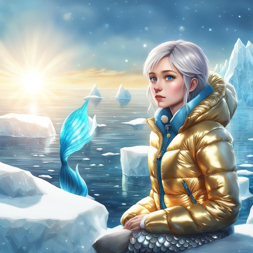 Anime Mermaid in Puffy Jacket, Hyperdetailed Digital Art