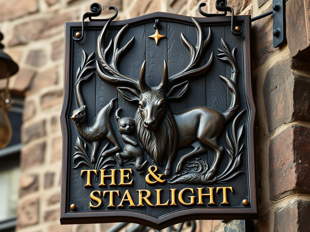 Vibrant Wooden Tavern Sign Depicts Majestic Stag and Starlig...