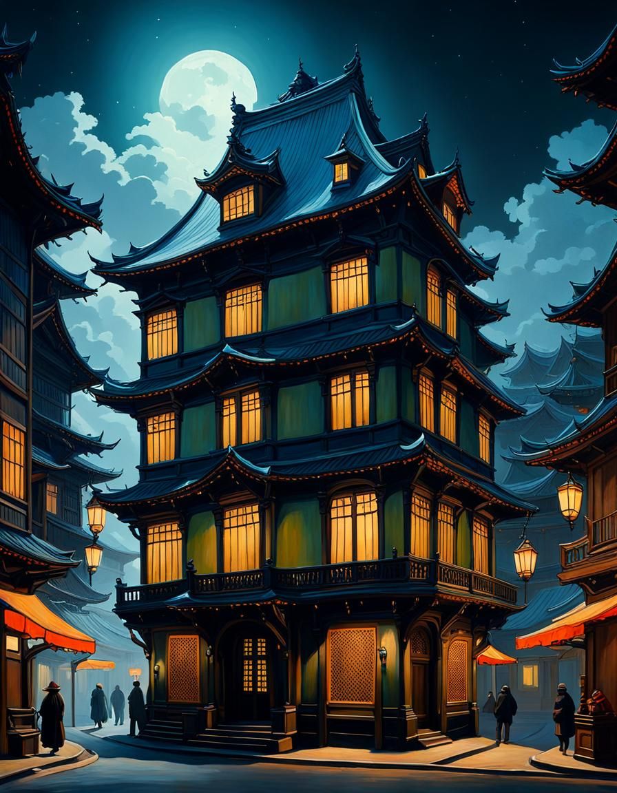 Whimsical Creatures in Eerie Architecture Painting