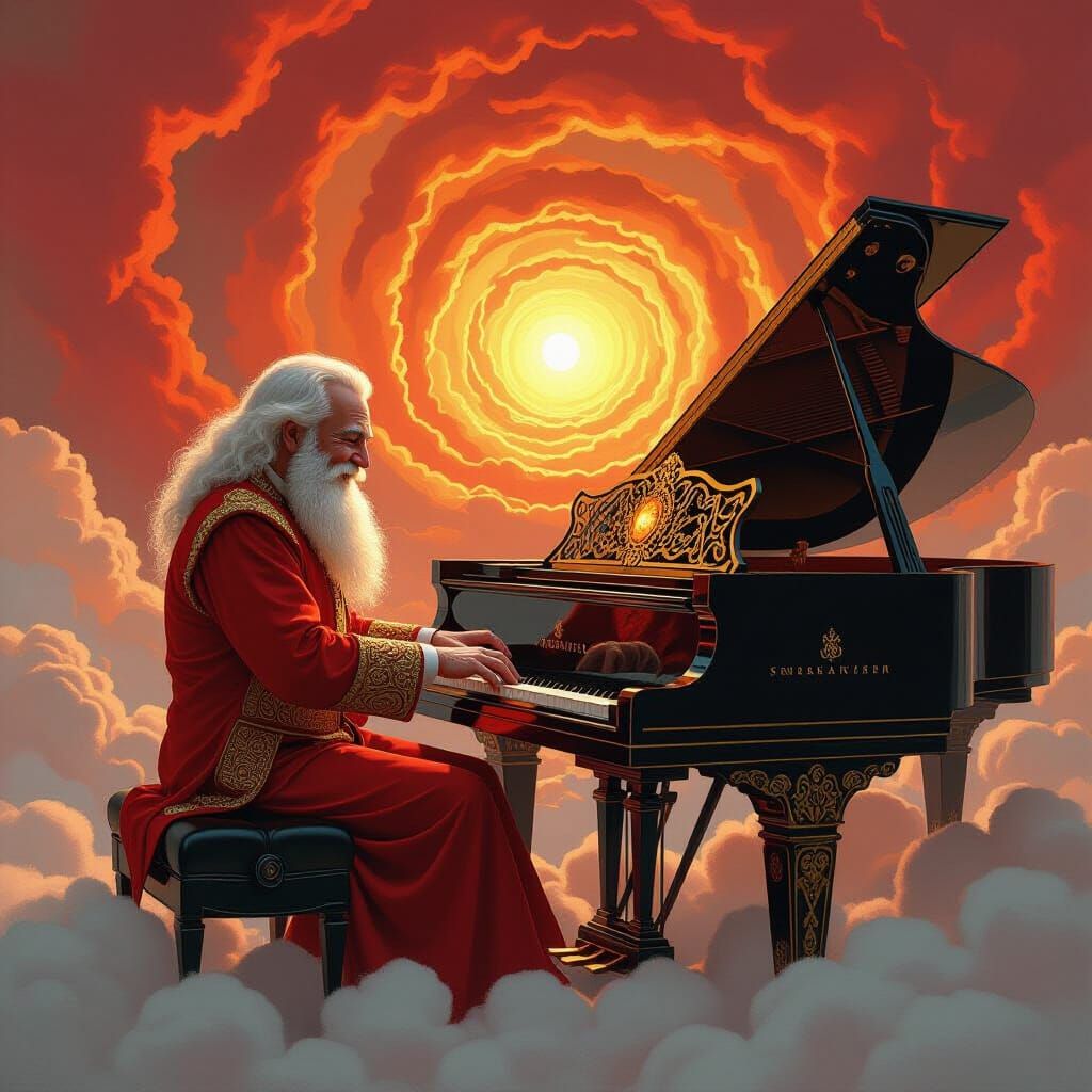 Red-Bearded Man Playing Piano on Cloud, as Impasto Painting