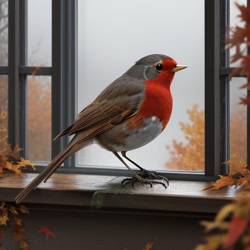 Autumn Robin on Windowsill in Vibrant Watercolor
