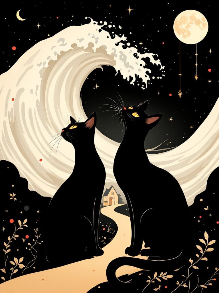 Elegant Black Cats Under Moonlight: Art Nouveau Silhouette