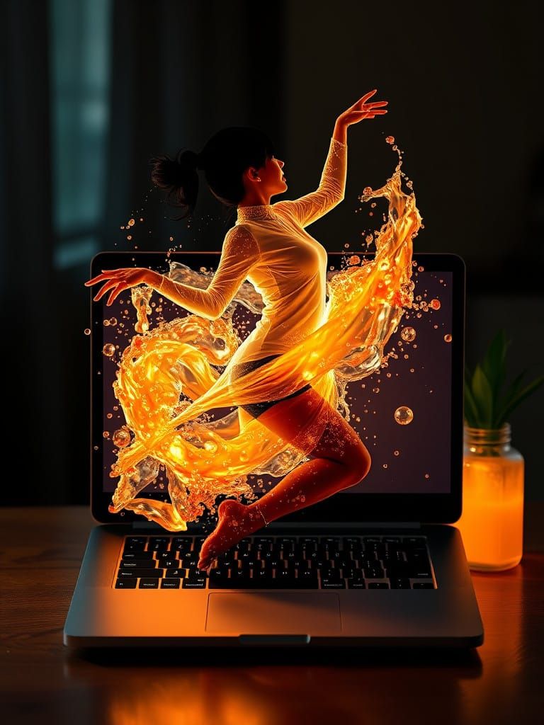 Transparent Woman Waterbending Inside Laptop Screen