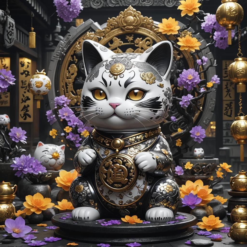 Monochrome Chrome Maneki-neko in Darkness