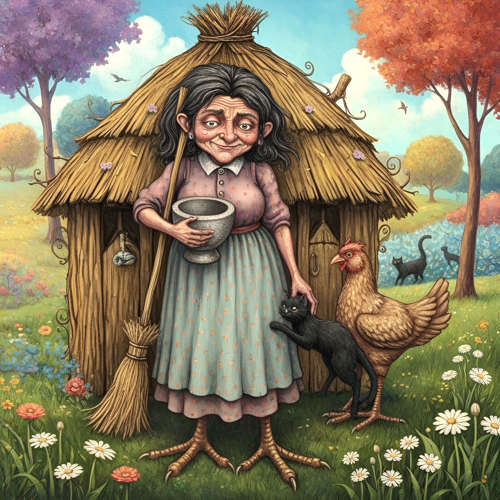 Baba Yaga and Black Cat in Anime Style