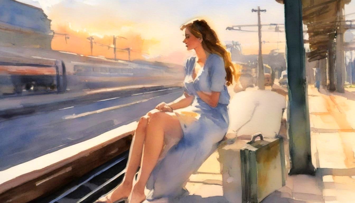 Tranquil Watercolor of Woman at Train Station at Sunrise
