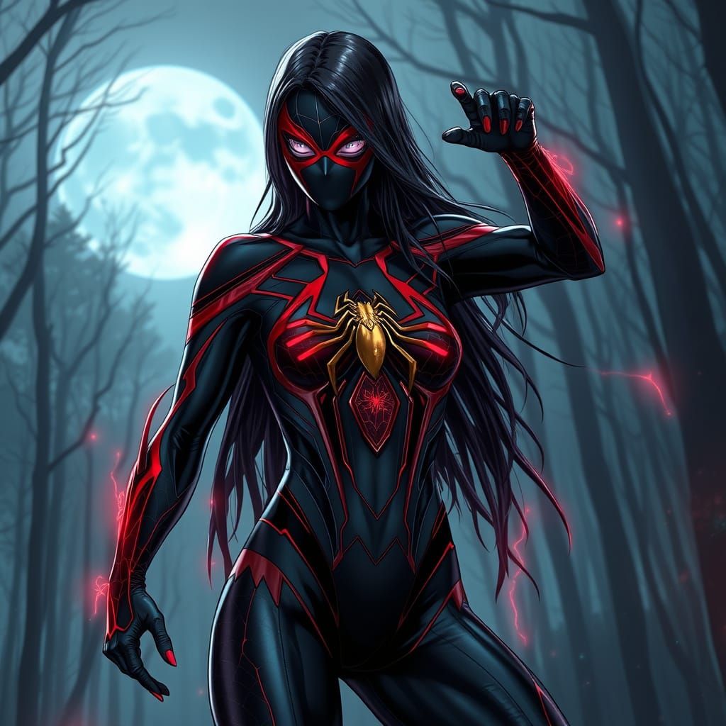 Sleek, Dark Spider-Woman Emerges from Misty, Moonlit Forest