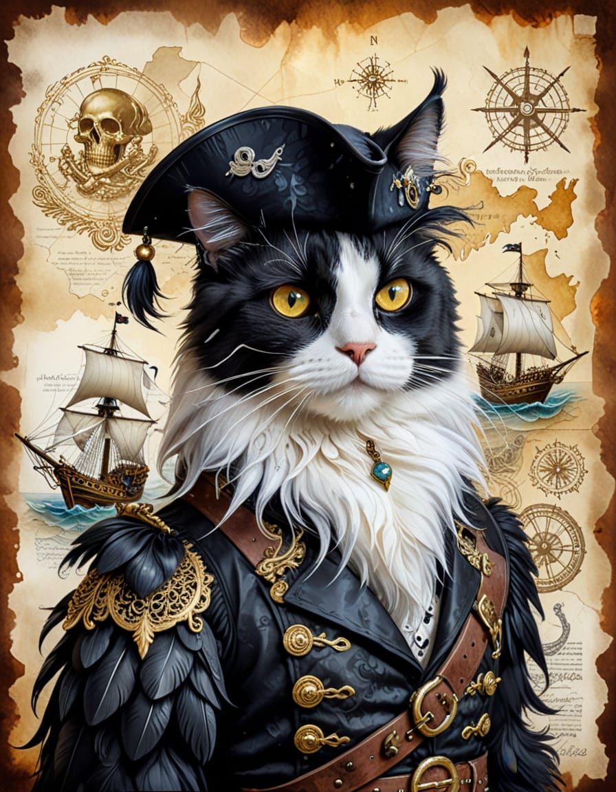 Cat Pirate in Surrealist Alcohol Ink Painting