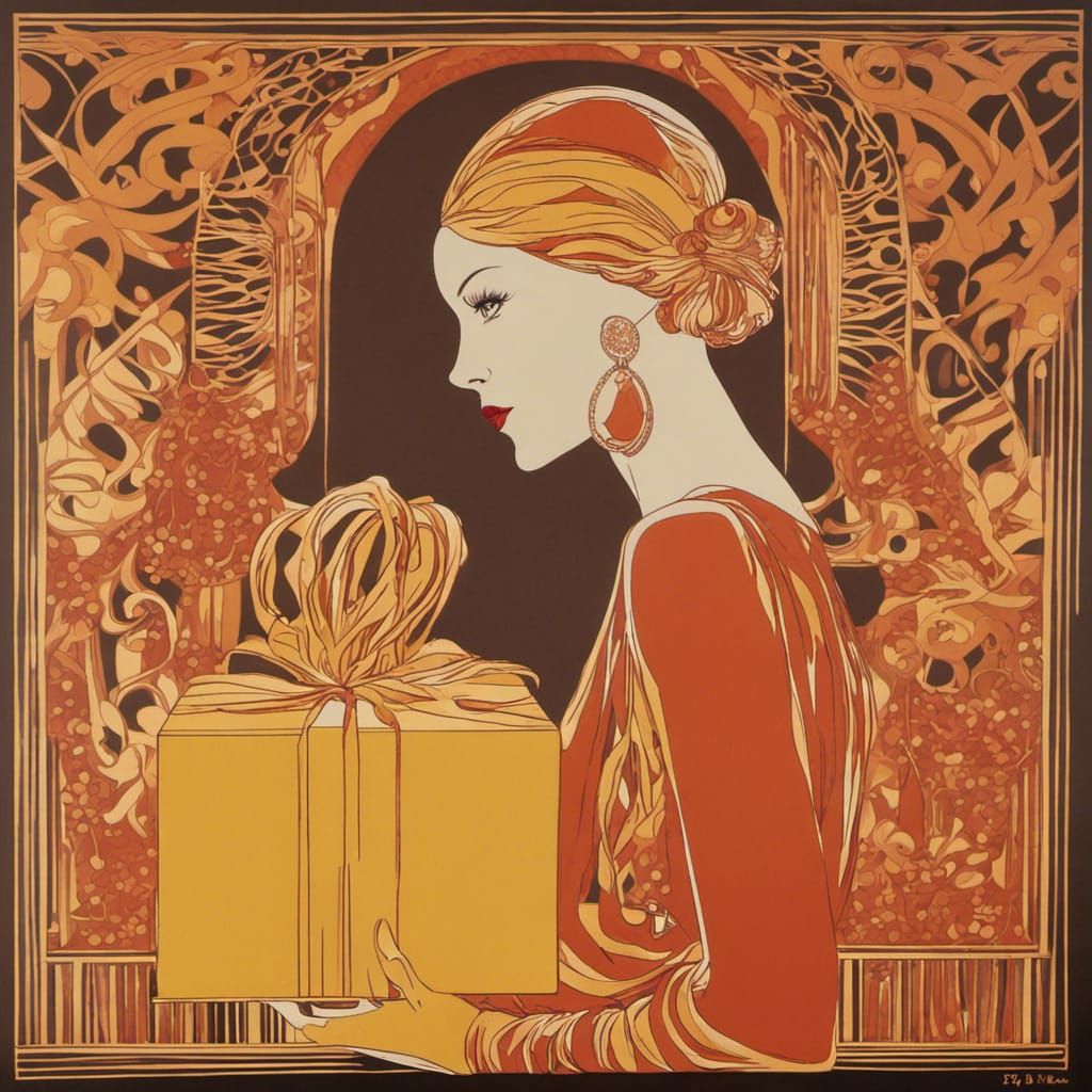 Art Deco Woman with Present in Pop Art Style