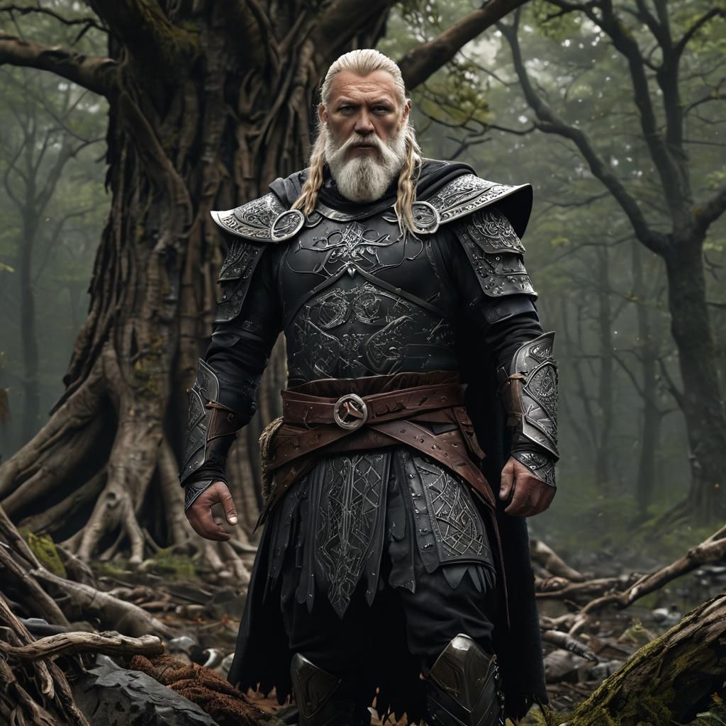 Odin in Battle-Ready Pose Amidst Majestic Forest