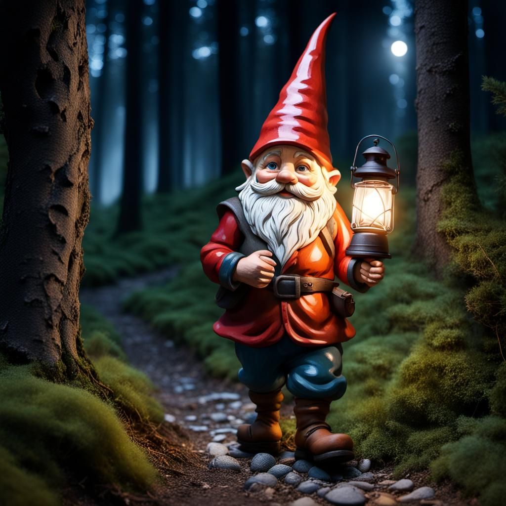 Gnome with Lantern on Forest Path