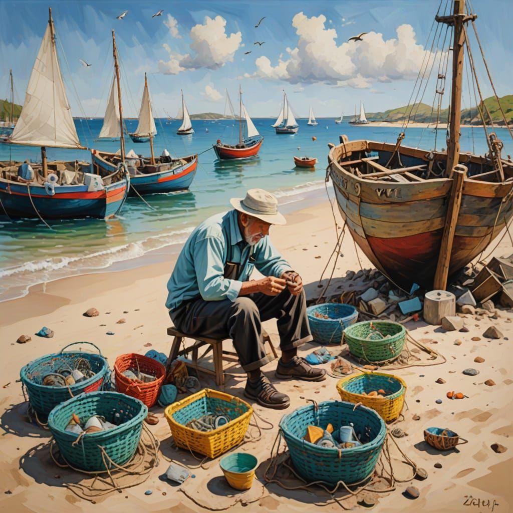 Vibrant Fishing Village Scene with an Old Man Mending Nets