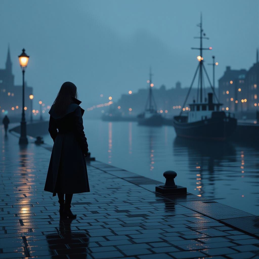 Gloomy Seaport Evening with Woman and Blurred Lights