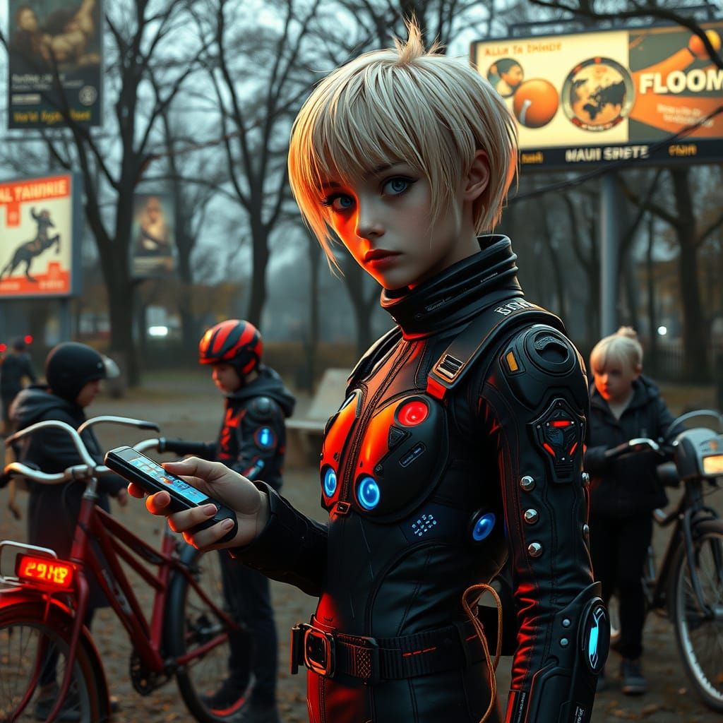 Teenage Girl Explores Retro Park with Friends in Cyberpunk S...