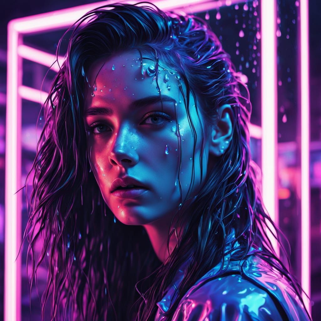 Ethereal Synthwave Portrait of a Girl with Long Wet Hair
