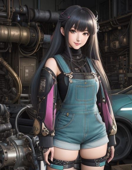 Manga-Inspired Art of a Curvy Engineer in a Vibrant Workshop
