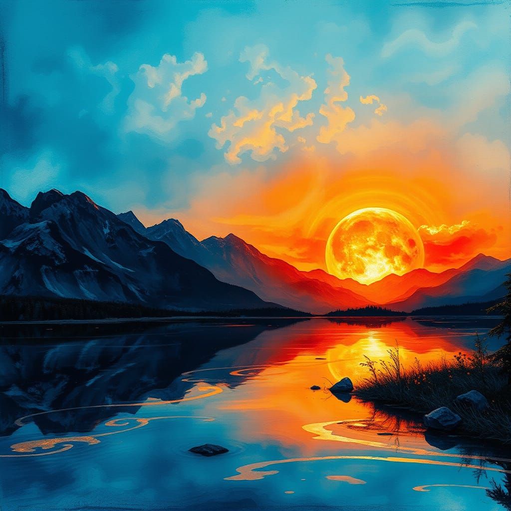 Ethereal Sunset on a Mountain Lake in Magical Gold