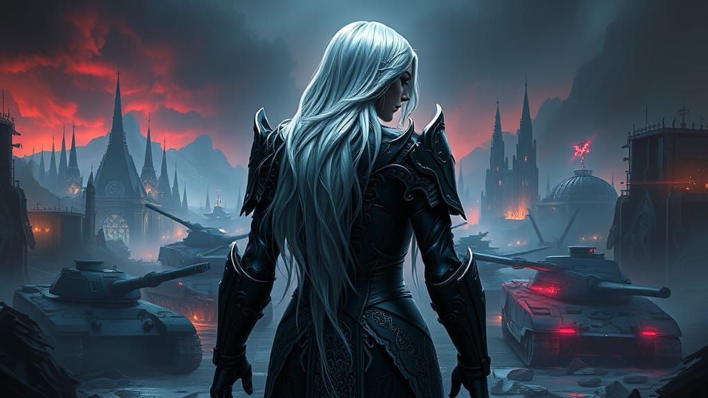 Aespa's Karina in a Warhammer-inspired setting, dressed in intricate power armor adorned with Gothic-inspired filigree, ...