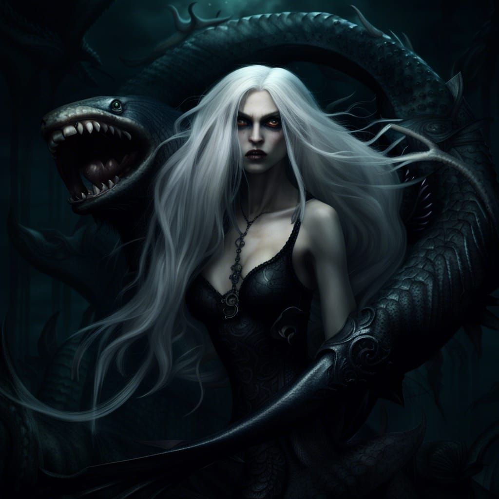 Terrifying Vampire Mermaid with Black Tail, Digital Art