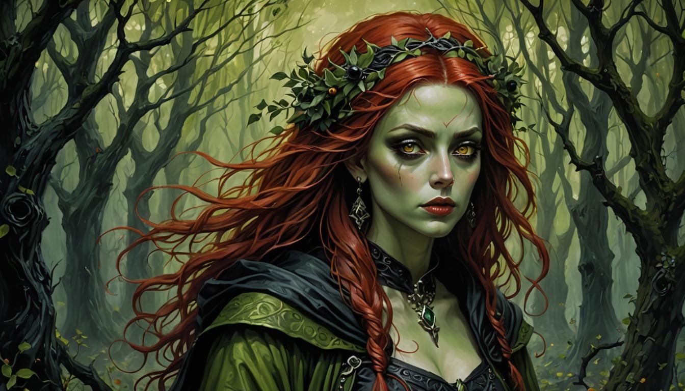 Epic Green Sorceress Portrait in Impasto Style