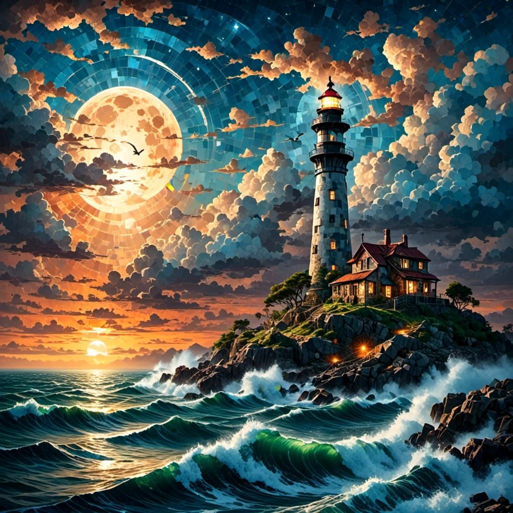 Lighthouse in Lightning Storm with Tiled Moon