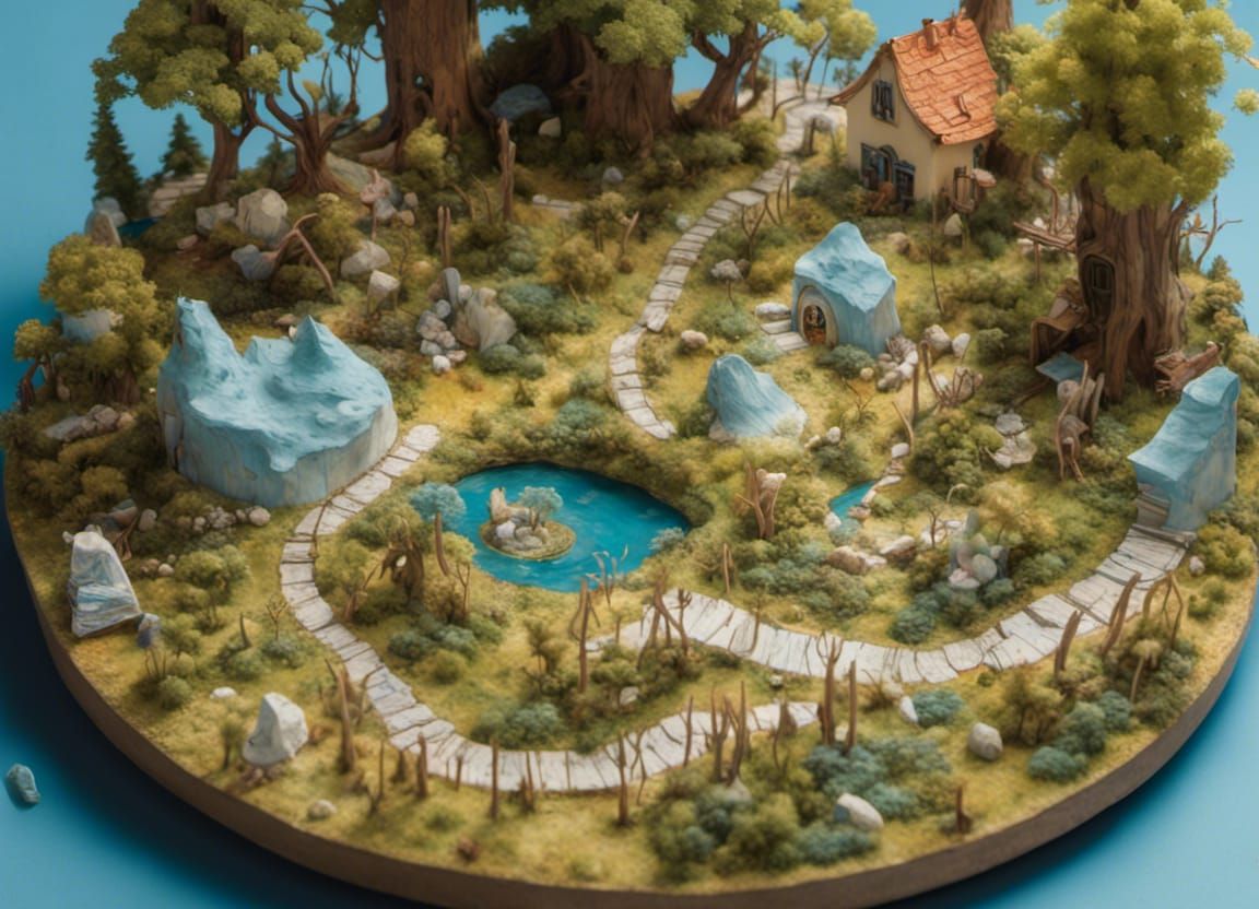 16k resolution, art by Hieronymus Bosch and Erin Hanson. A whimsical miniature cheese forest diorama. Parmesan pathways ...