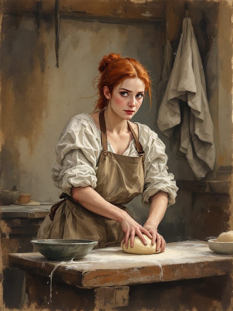 Redhead Baker Kneading Dough in Bustling Kitchen