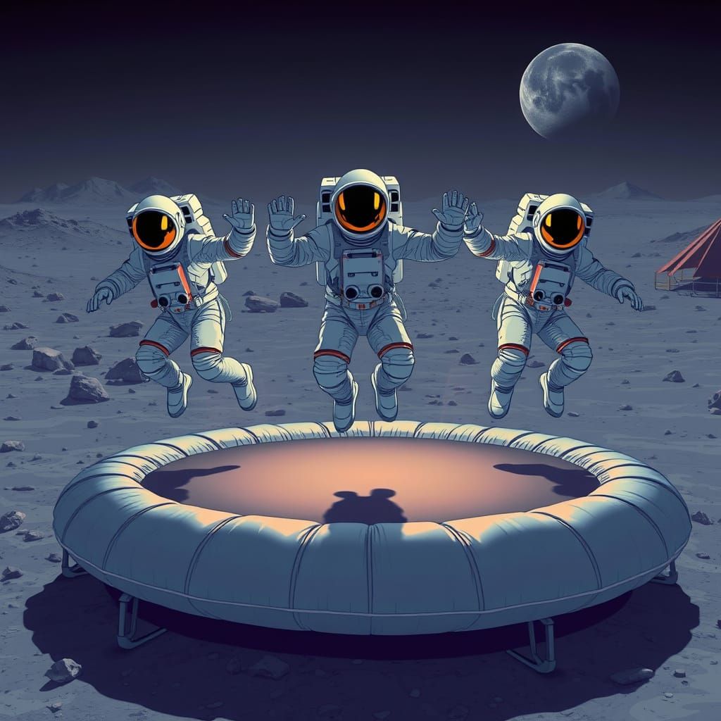 Astronauts Leap on Lunar Trampoline in Vibrant Futuristic St...