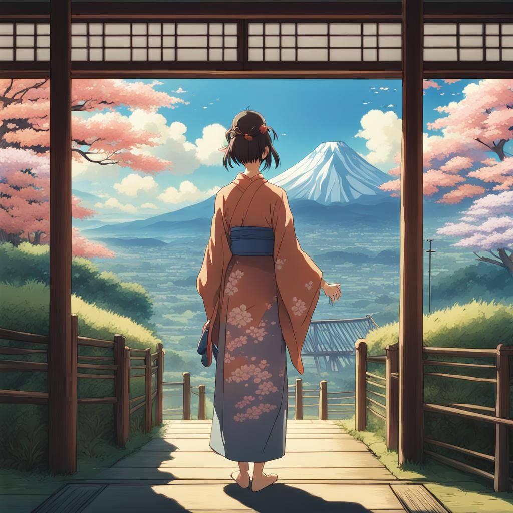 Japanese Lady in Traditional Dress, Ghibli Style