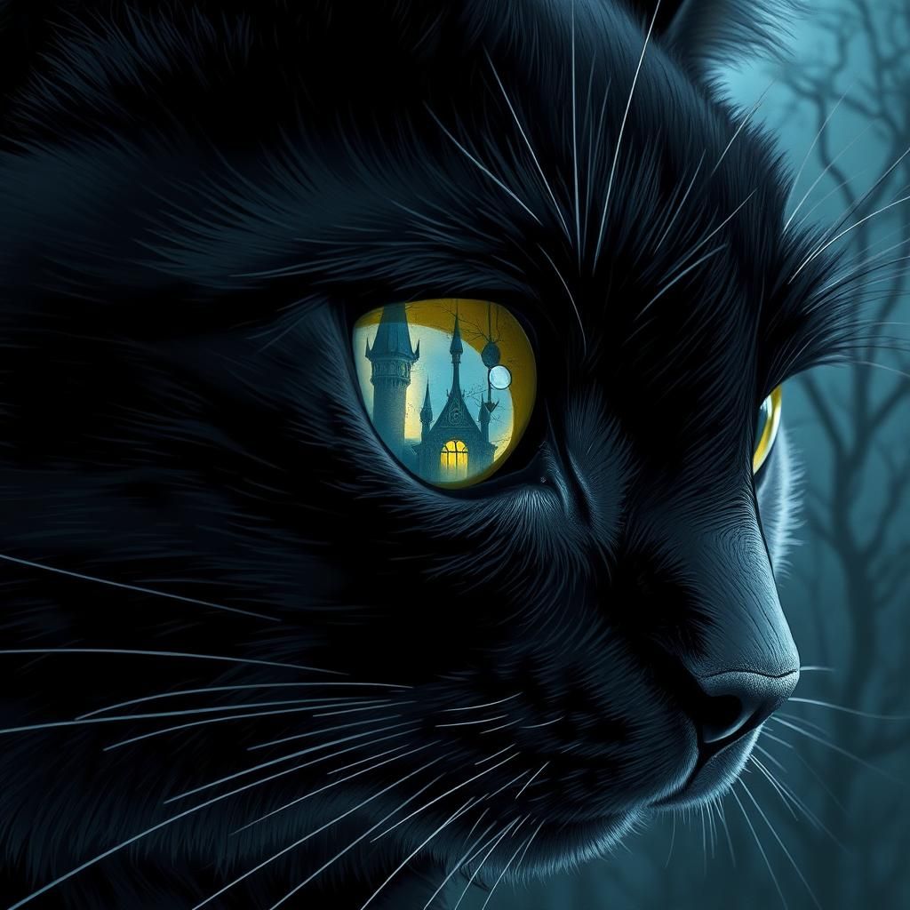 A haunted house, as a reflection inside the eye of a black c...