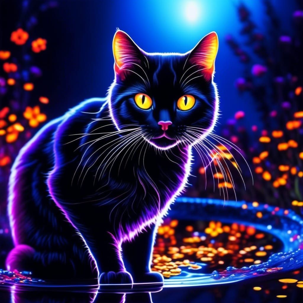 Black Cat by Reflective Pond with Flowers