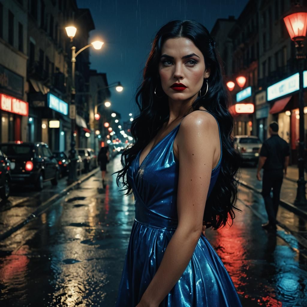Film Noir Woman in Blue Dress on Wet Street