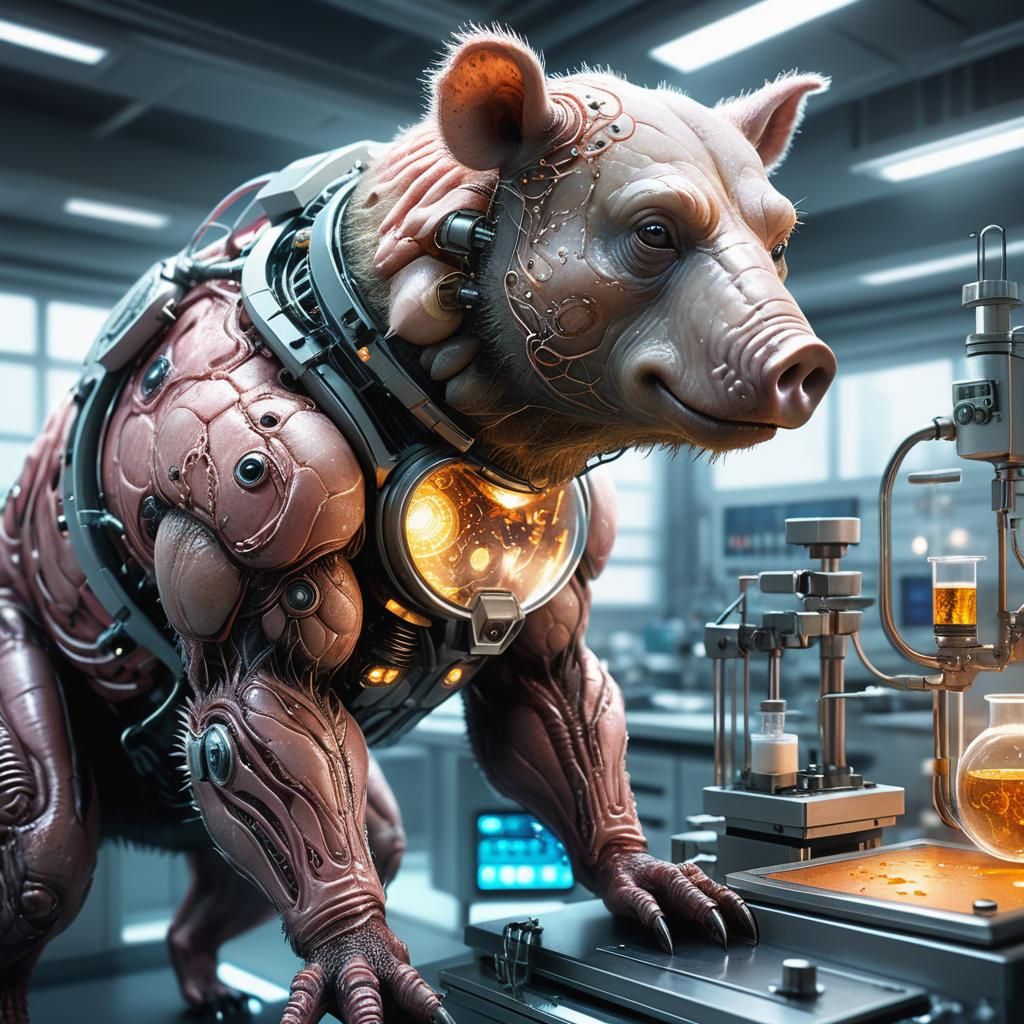 Alien Man-Bear-Pig Hybrid in Futuristic Laboratory