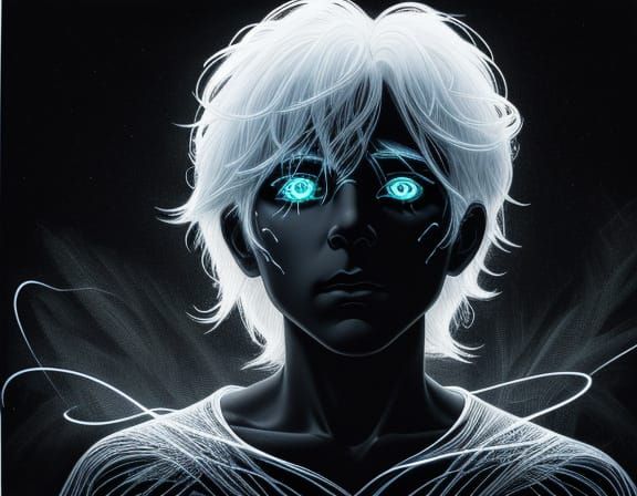 Spectral Child with Ethereal Glow in Scratchboard Art