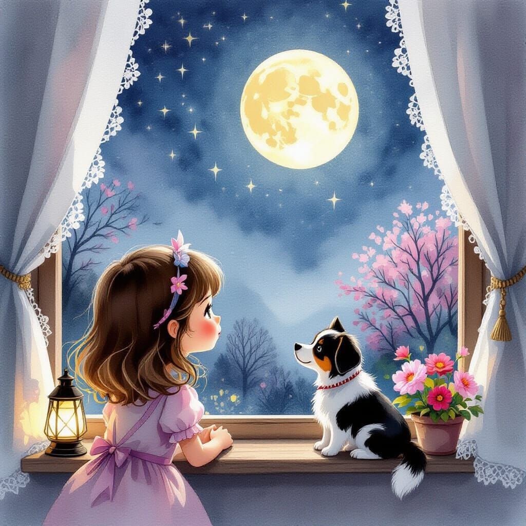 Whimsical Girl Gazes at Moon With Dog, Watercolor Sketch