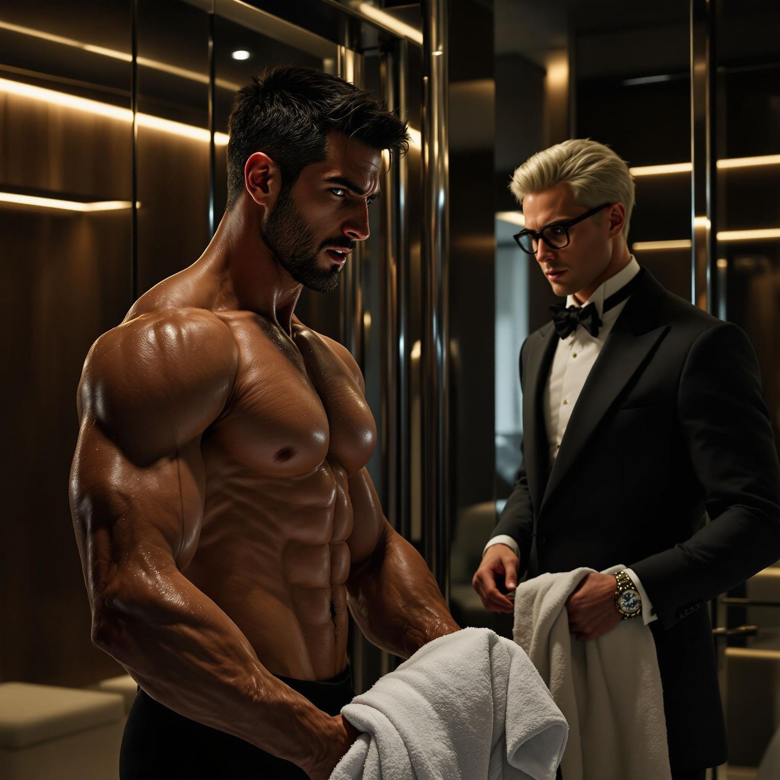 Luxurious Gym Scene with Athletic Italian-American and Atten...