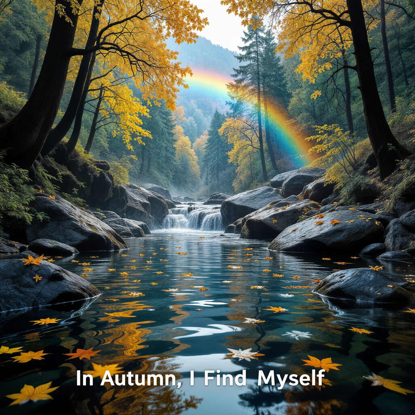 Autumn Waterfall Scene with Rainbow and Sunlight