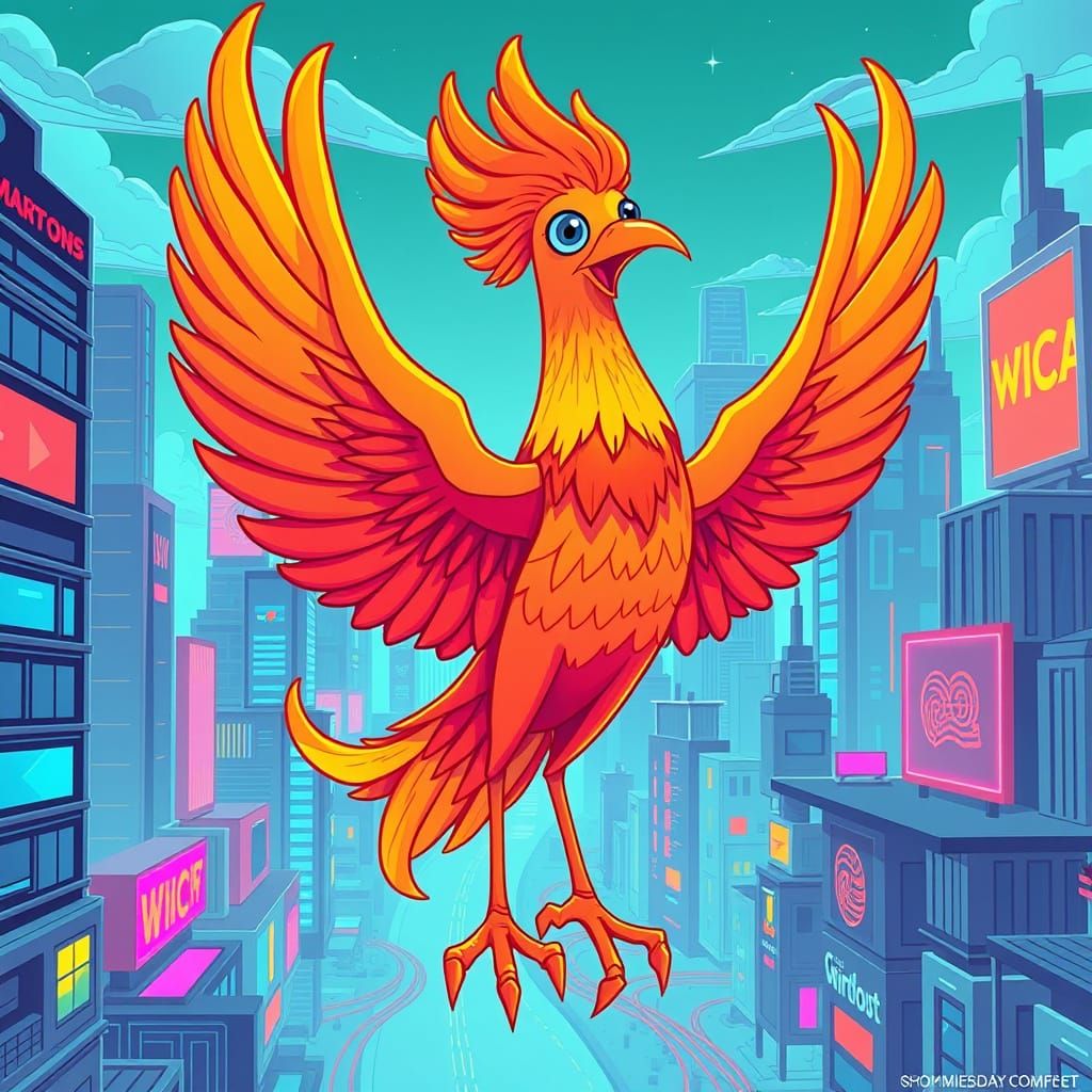 Clippy Phoenix in a Neon Windows Cityscape