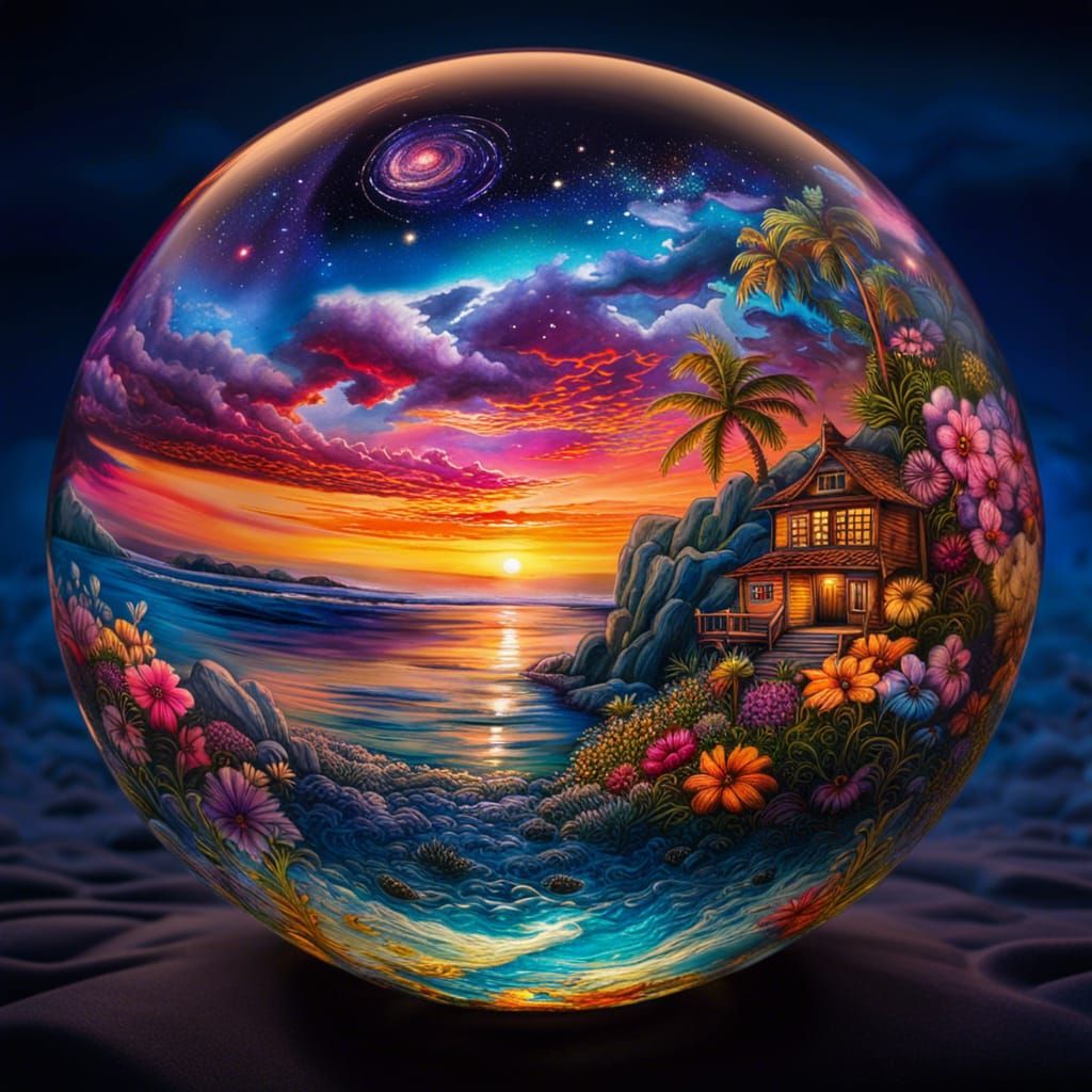 Magical Beach in Glass Orb, Watercolor Fantasy