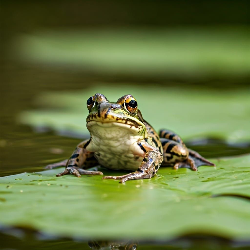 Surprised Frog on Lily Pad in Pond Setting