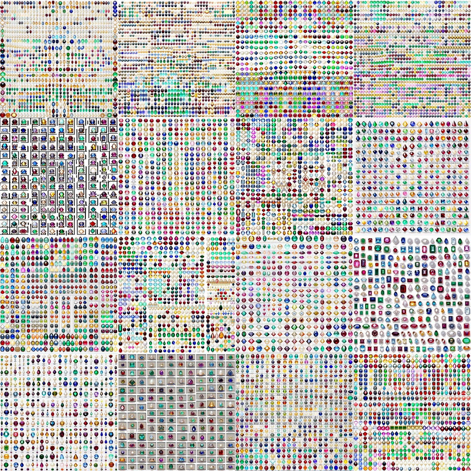 Gemstones Display: Diamonds, Pearls, Rubies and Emeralds