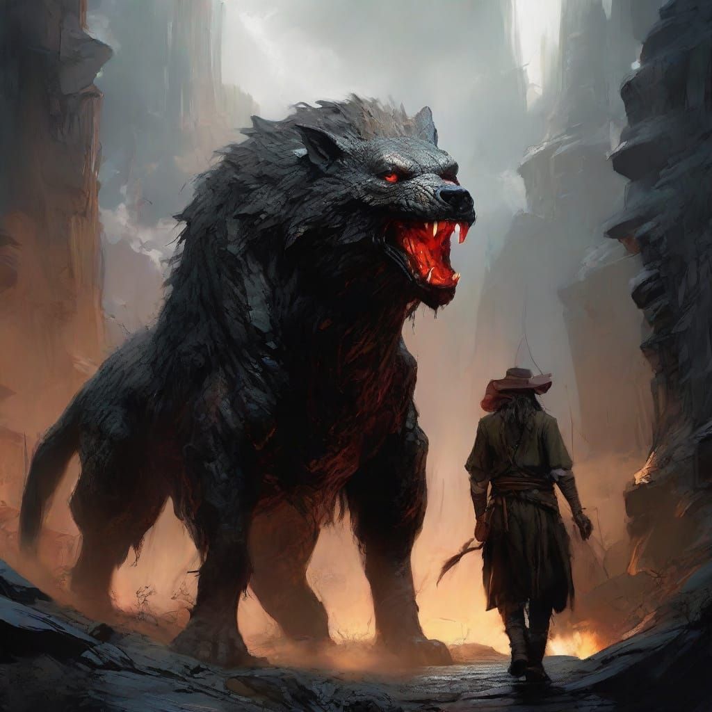 Hobbit Adventurers in Shadowy Gorge with Hellhound