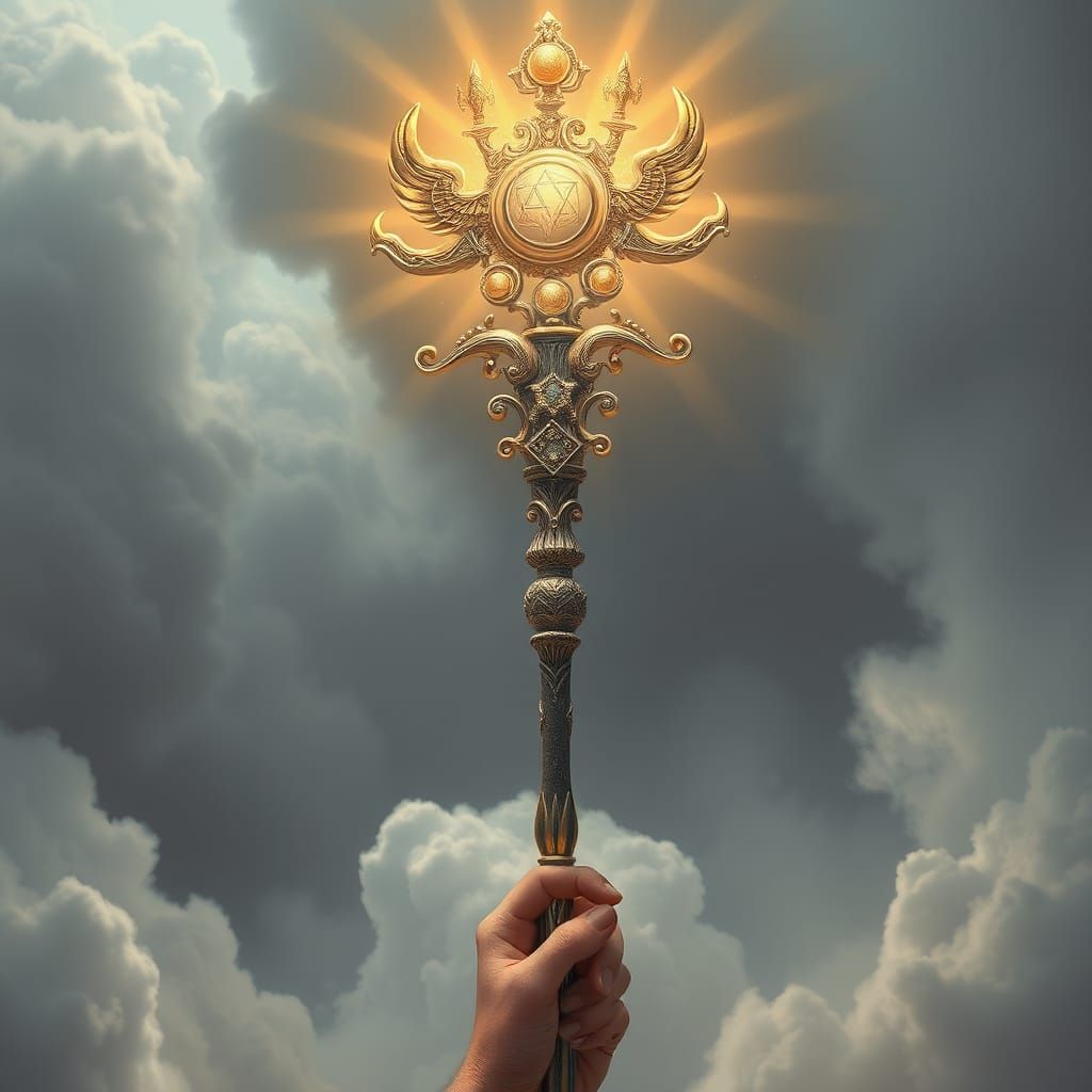 Mystical Staff Radiating Light in Surreal Sci-Fi Style